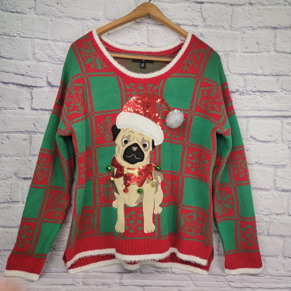 33 Degrees sz XL Ugly Christmas Sweater Pug Dog 3D Green Sequins‎ Bells Holiday